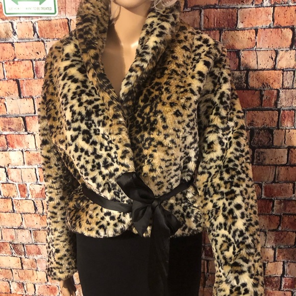 XXI FAUX FUR ANIMAL PRINT WRAP JACKET RIBBON BELTED SIZE M - Picture 9 of 13